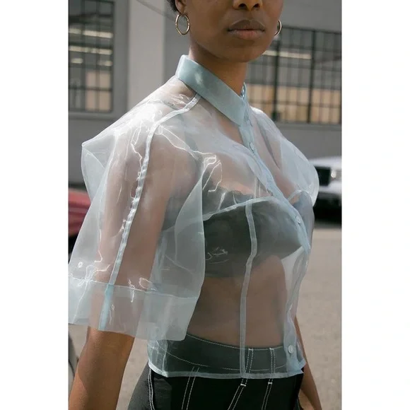 🌈 SOLD 🌈 ECKHAUS LATTA float blouse in liquid blue Japanese organza sheer mesh - Picture 2 of 16